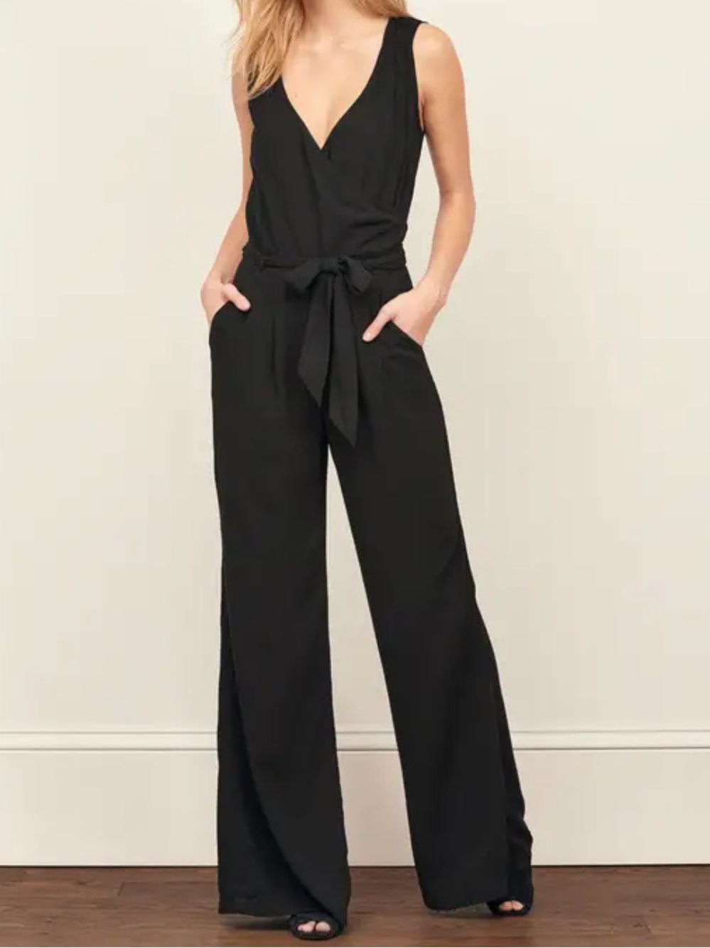 Abercrombie & Fitch Black V-Neck Wide-Leg Jumpsuit